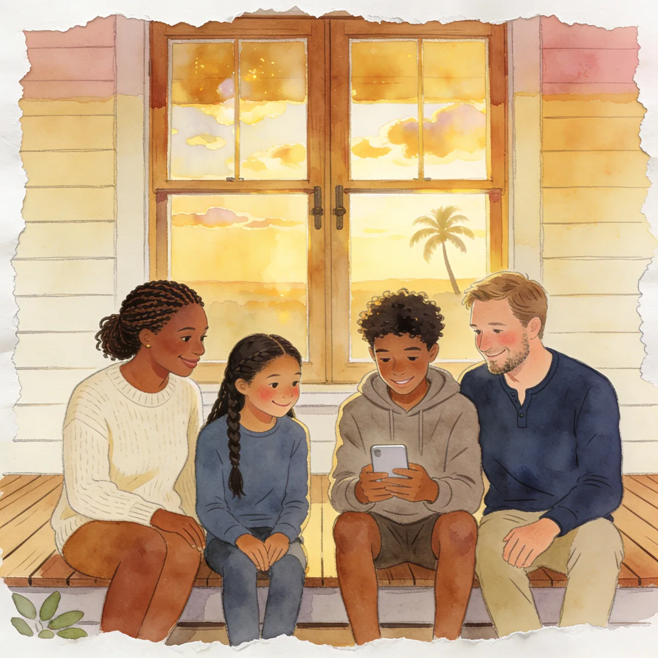 Watercolor illustration of a family of four on a wooden bench by a window at sunset, a palm tree outside, gathered around a phone one of them holds