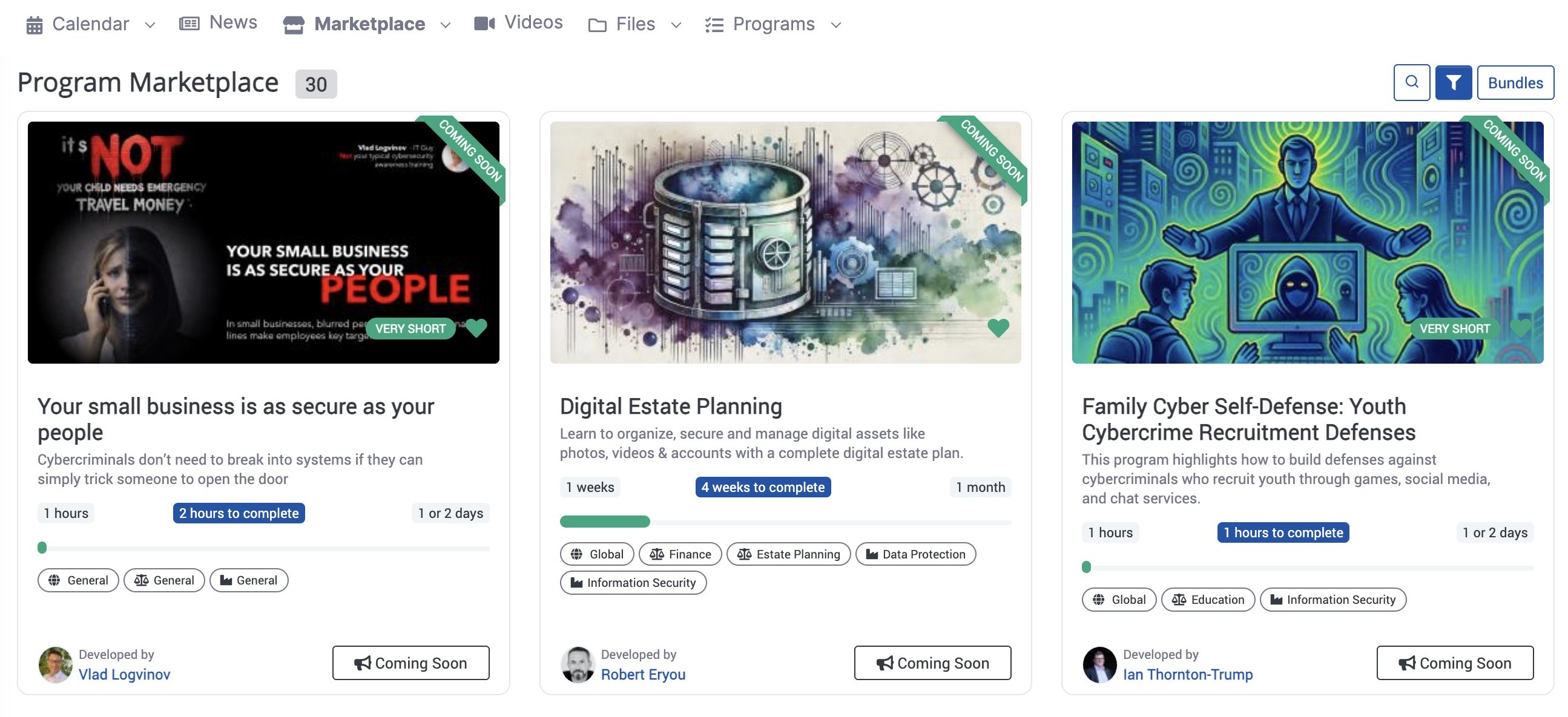 Asyncwork Program Marketplace showing three program cards, each credited to its advisor