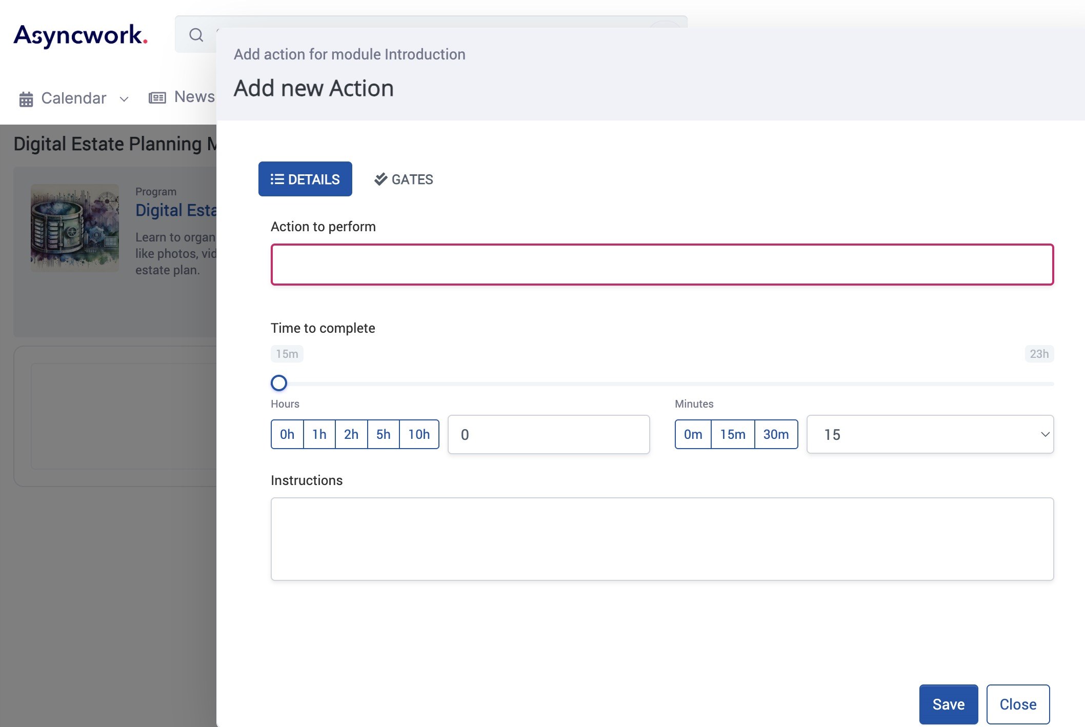 The Asyncwork Program Designer add-action screen